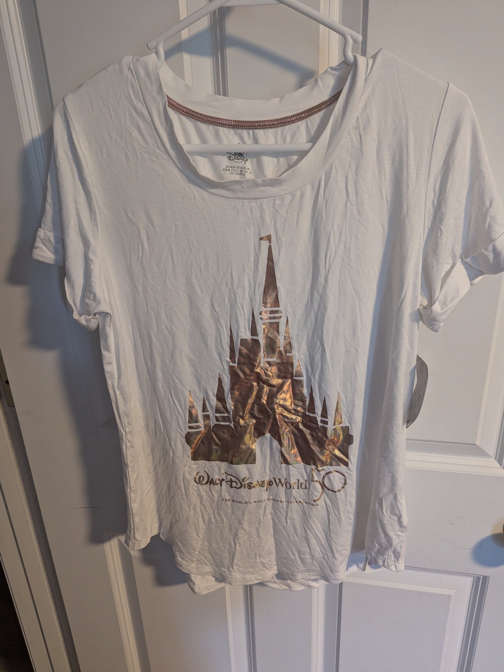 Disney Women's White T-Shirt with Metallic Castle